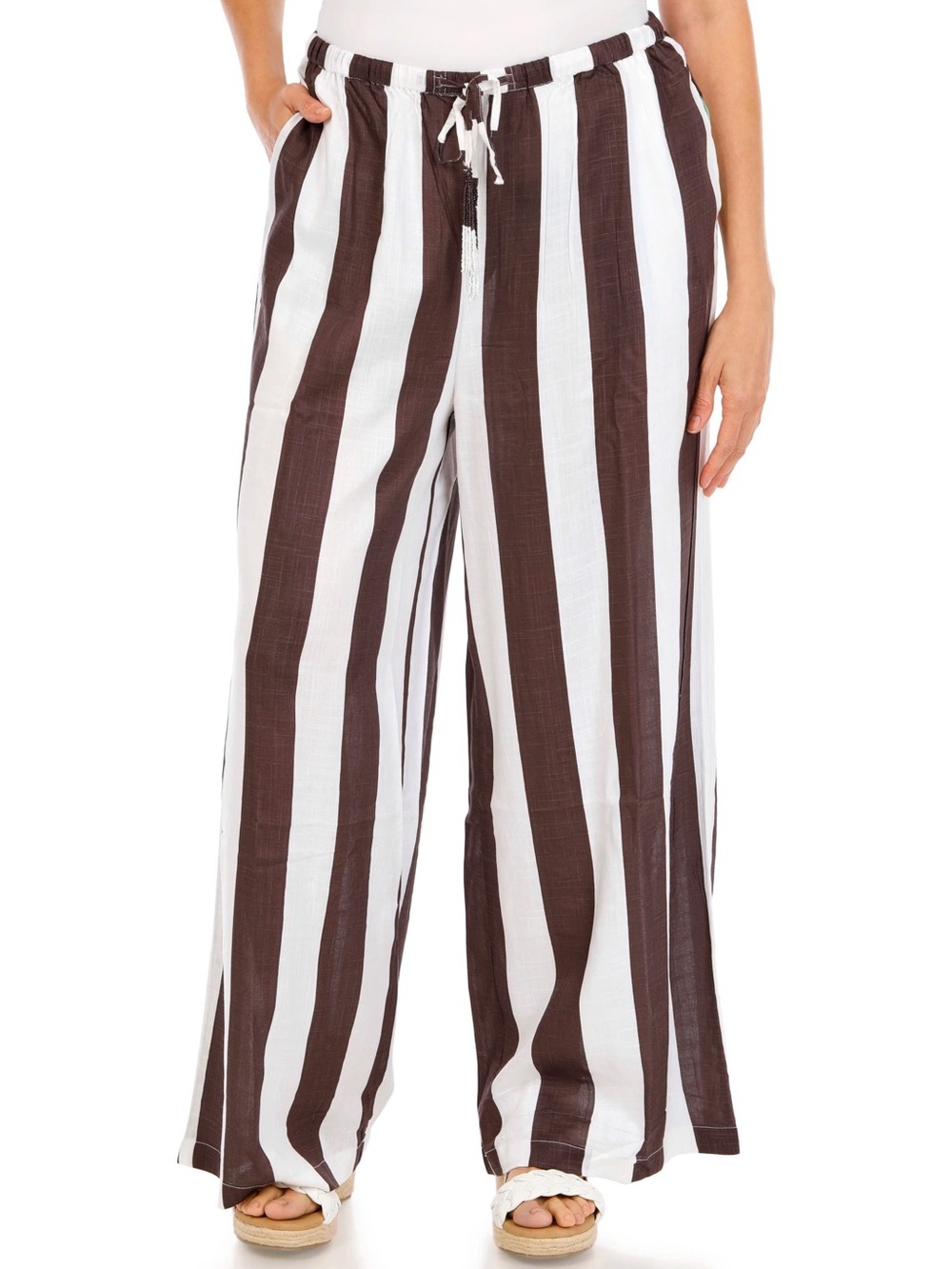 Wide Leg Drawstring Pants in Brown and White Stripe